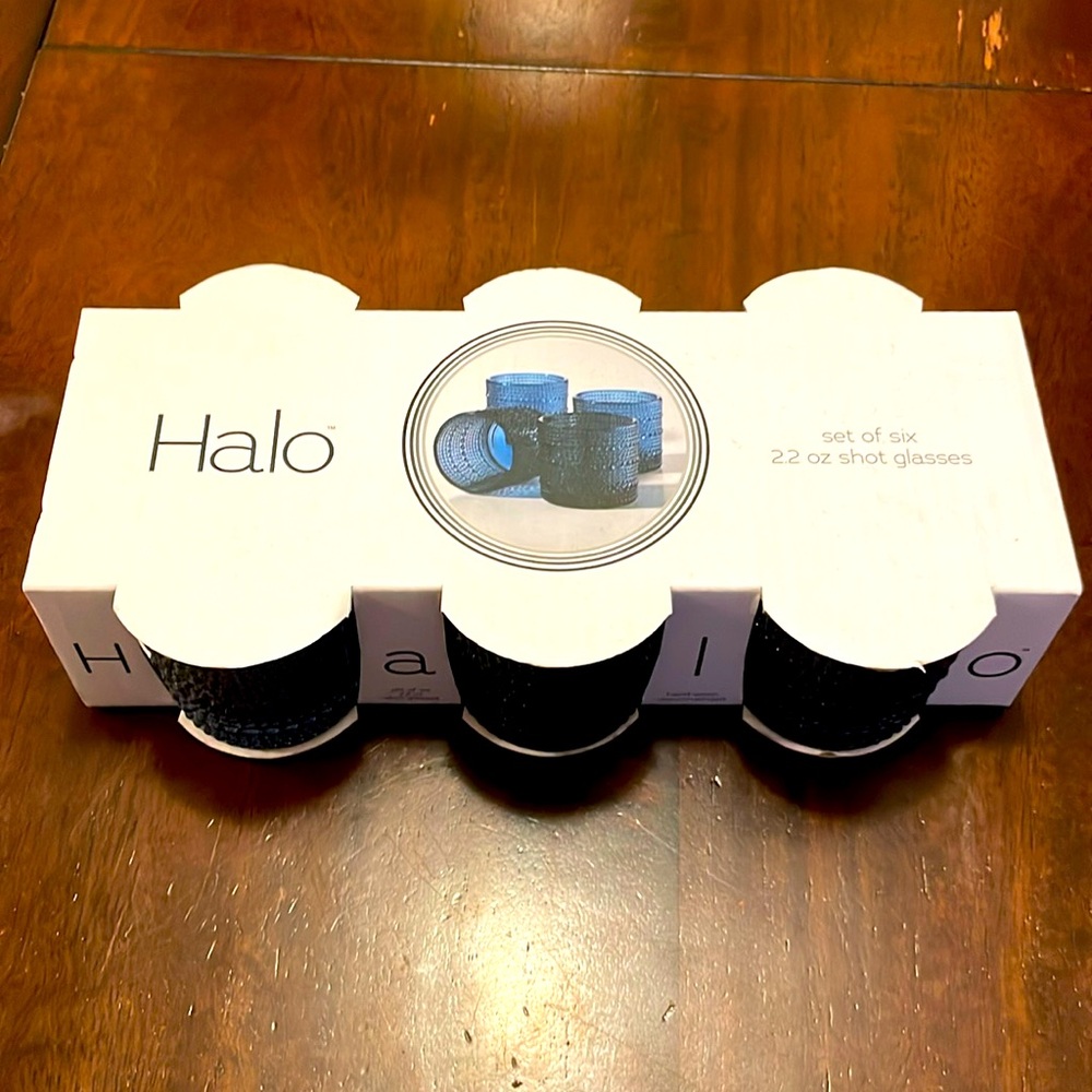 Halo Set of 6 blue/navy glass 2.2oz shot glasses - in box